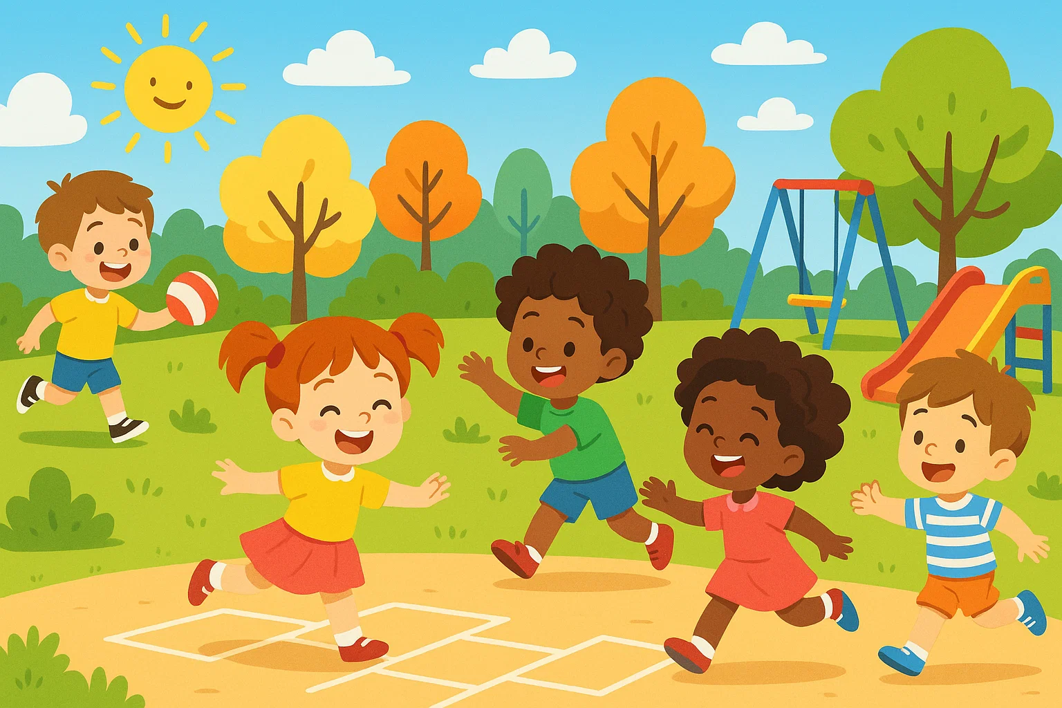 Children aged 4 to 5 playing outdoor games together in a sunny park. Children aged 4 to 5 playing outdoor games together in a sunny park.