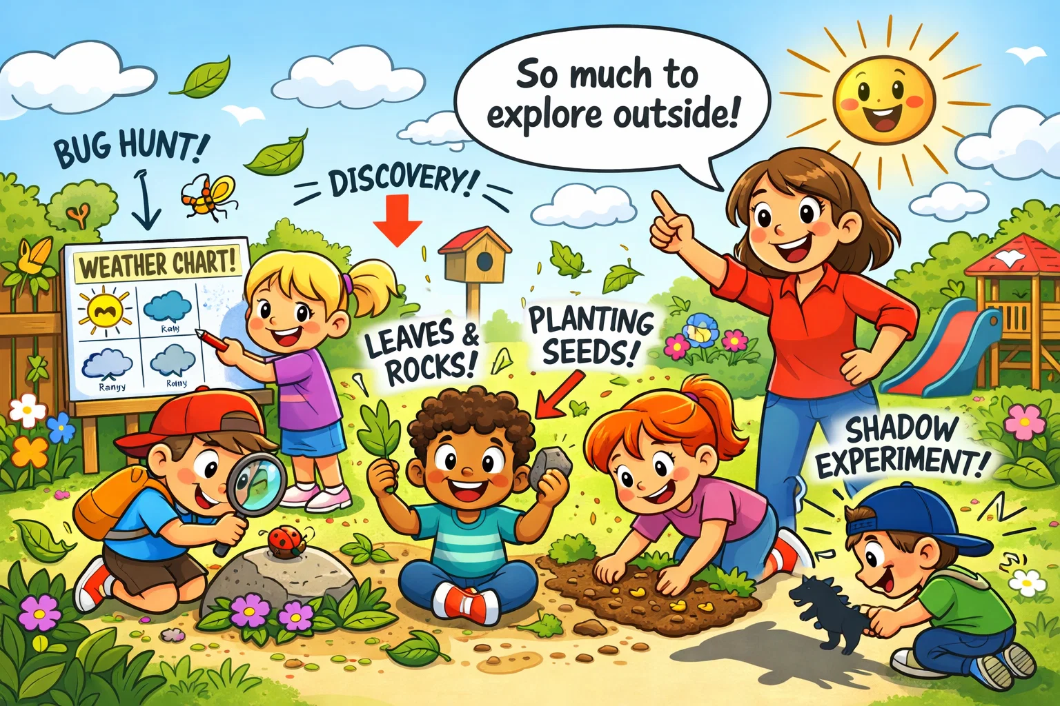 Outdoor STEM activities for 3-5 year olds with planting, weather, shadows, and nature play.
