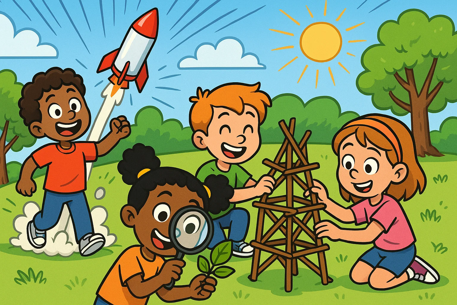 Kids doing outdoor STEM activities with rockets, leaves, and stick towers. Kids doing outdoor STEM activities with rockets, leaves, and stick towers.