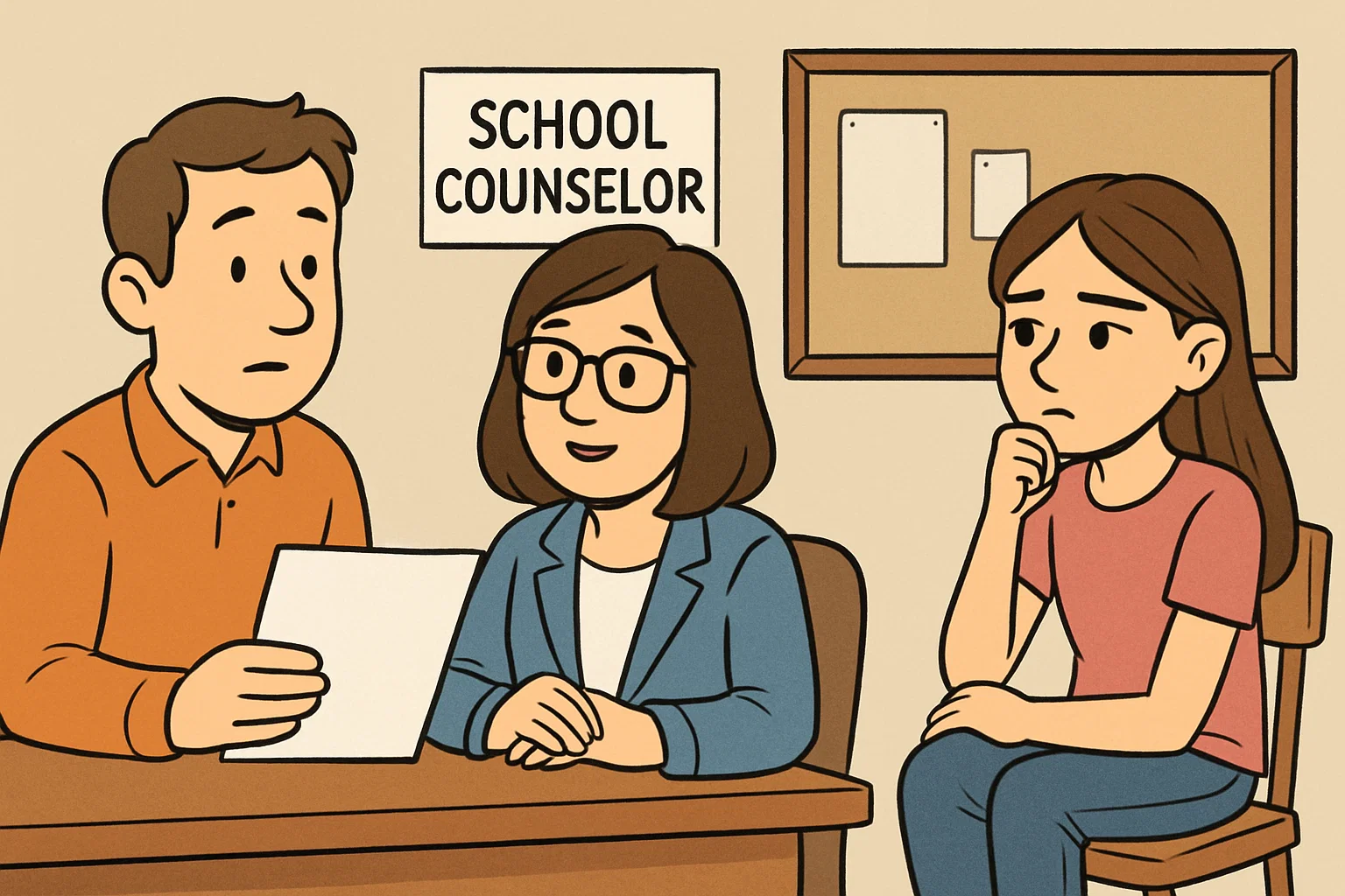 Cartoon of parent and teen seeking help from a professional.