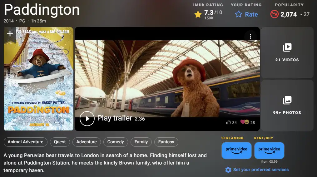 Paddington Bear movie scene at London train station starting his gentle adventure.
