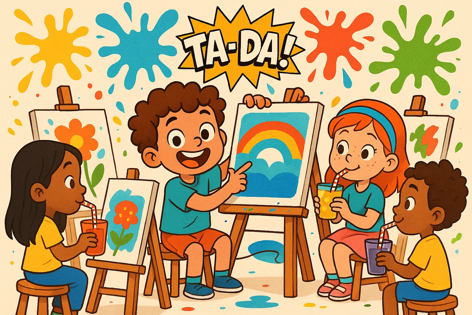 Kids painting pictures and sipping juice at birthday party.