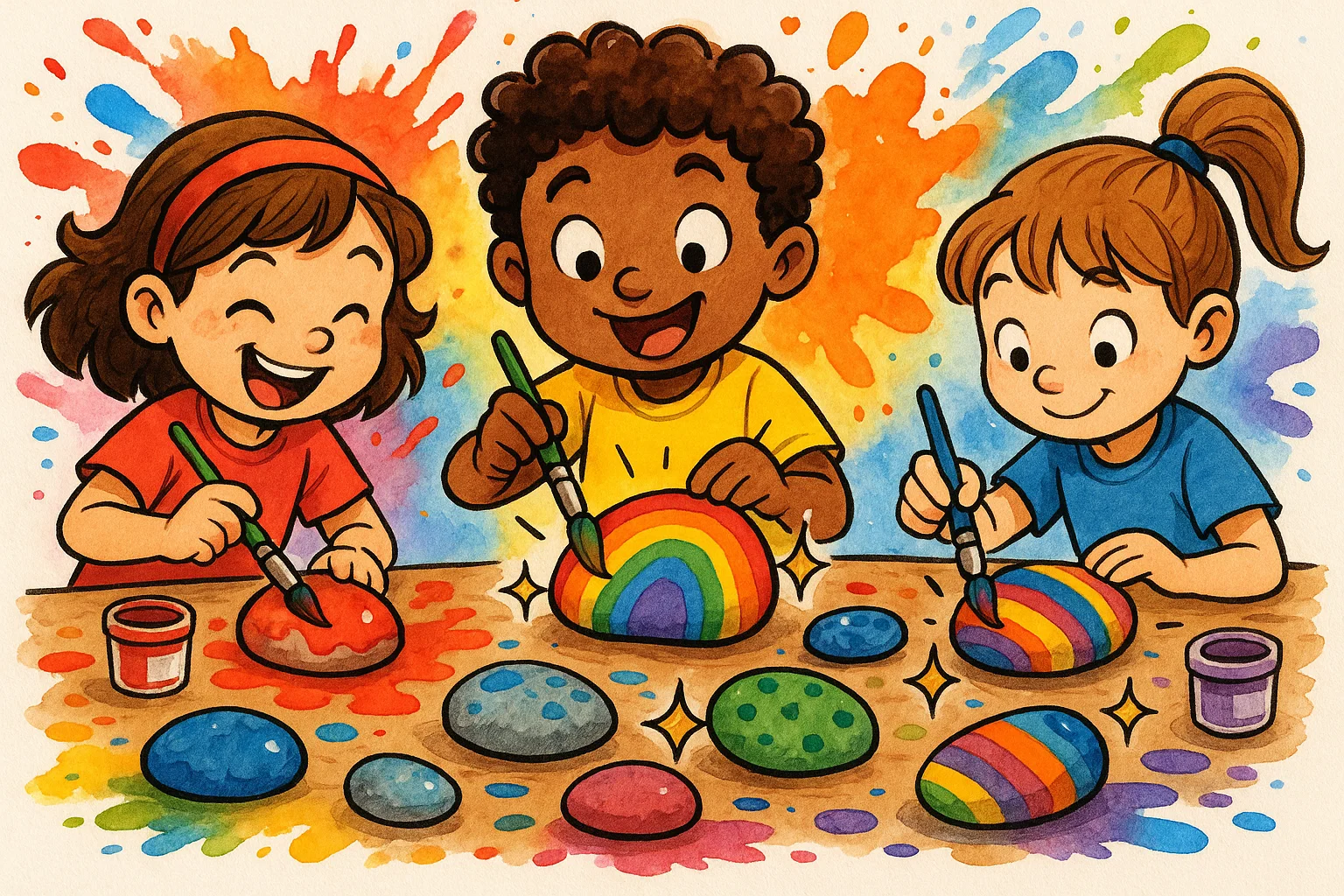 Cartoon kids paint garden stones and stepping stones with rainbow designs.