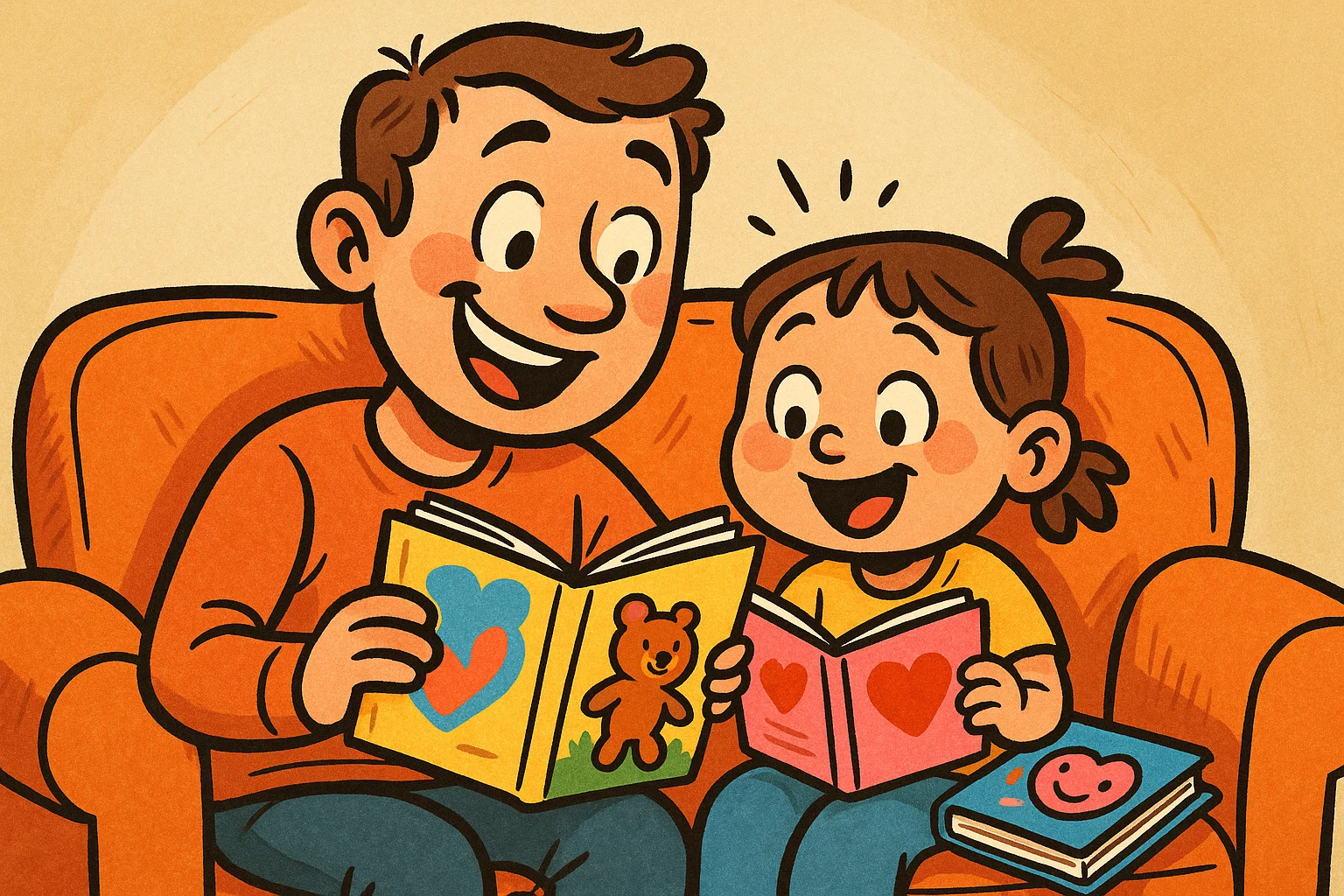Parent and child reading books together on the couch Parent and child reading books together on the couch