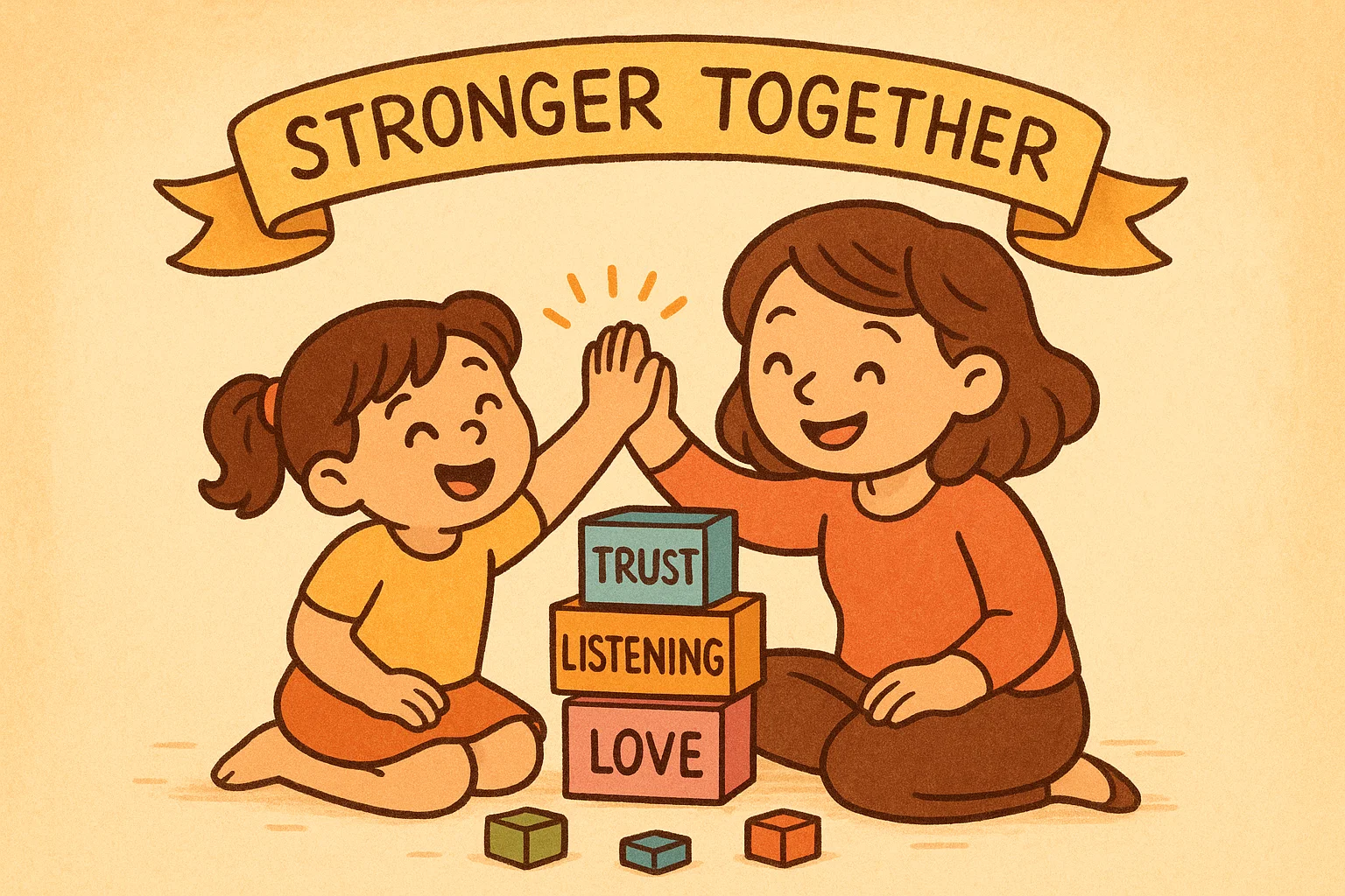 Parent and child high-fiving while building blocks of trust, listening, and love.