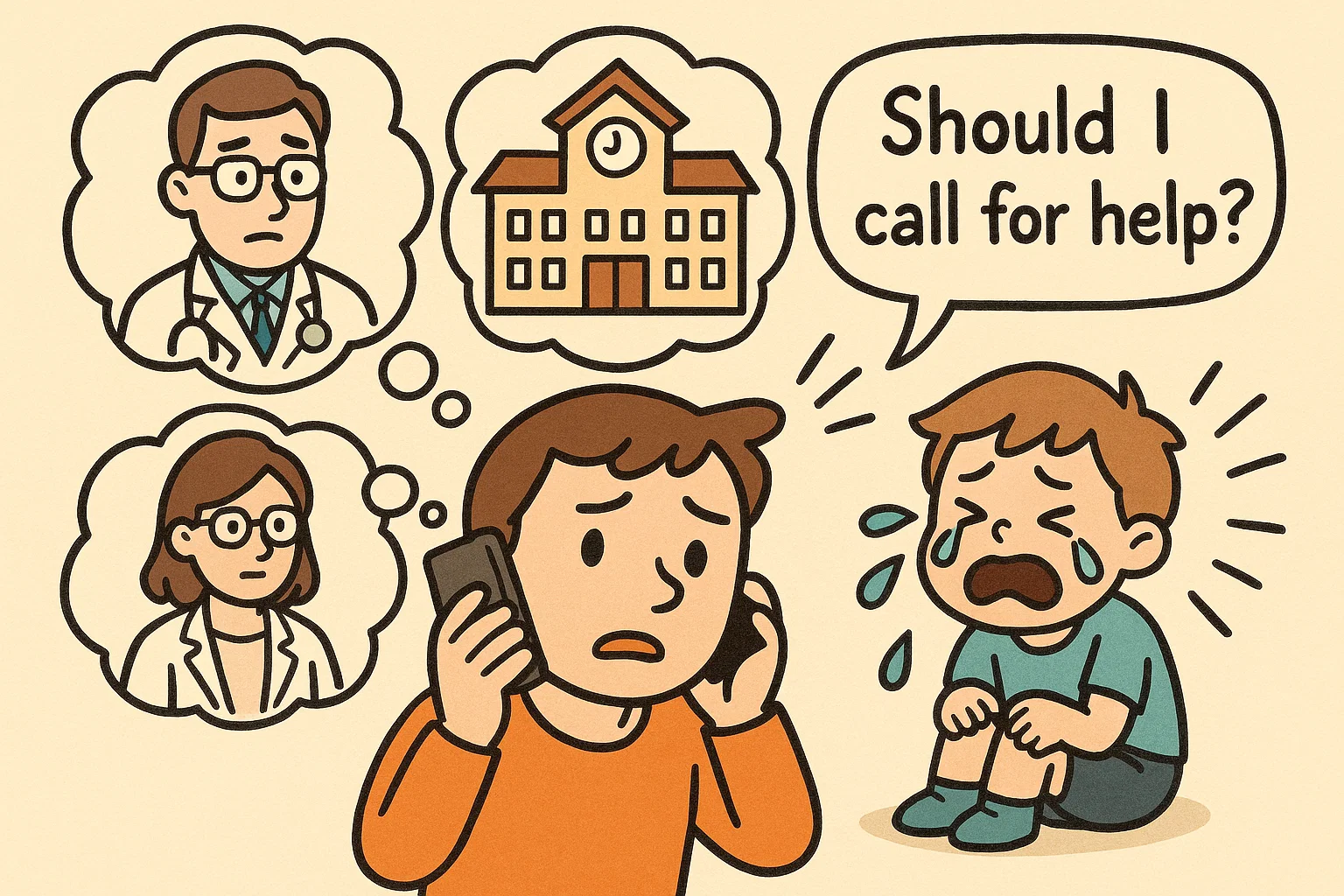 Cartoon parent seeking professional help for child that cries often.