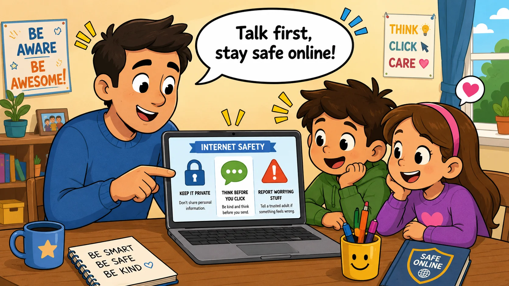 Parent and kids having an internet safety talk at laptop.