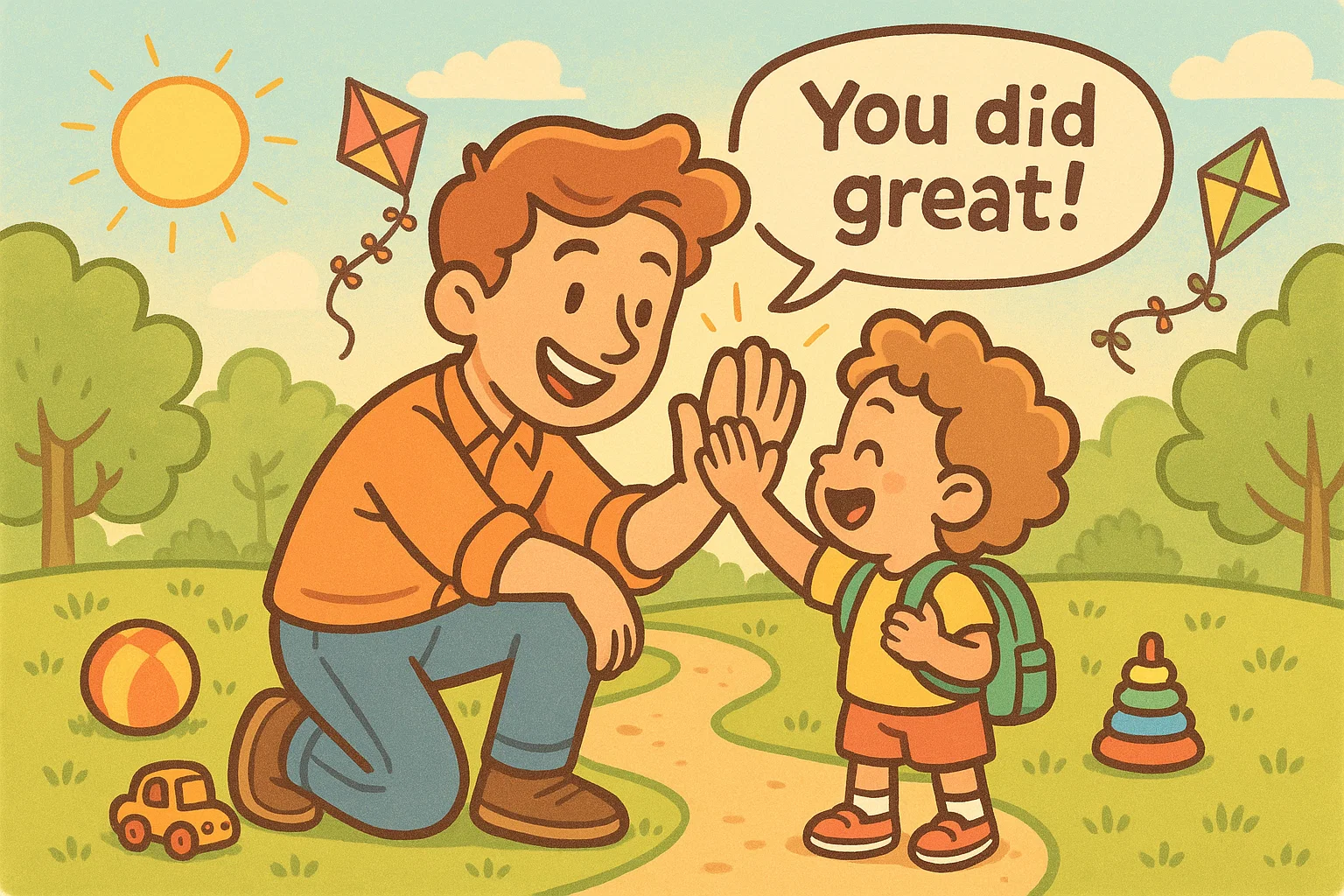 Parent giving high five to happy child in park with toys and kites, praising achievement.