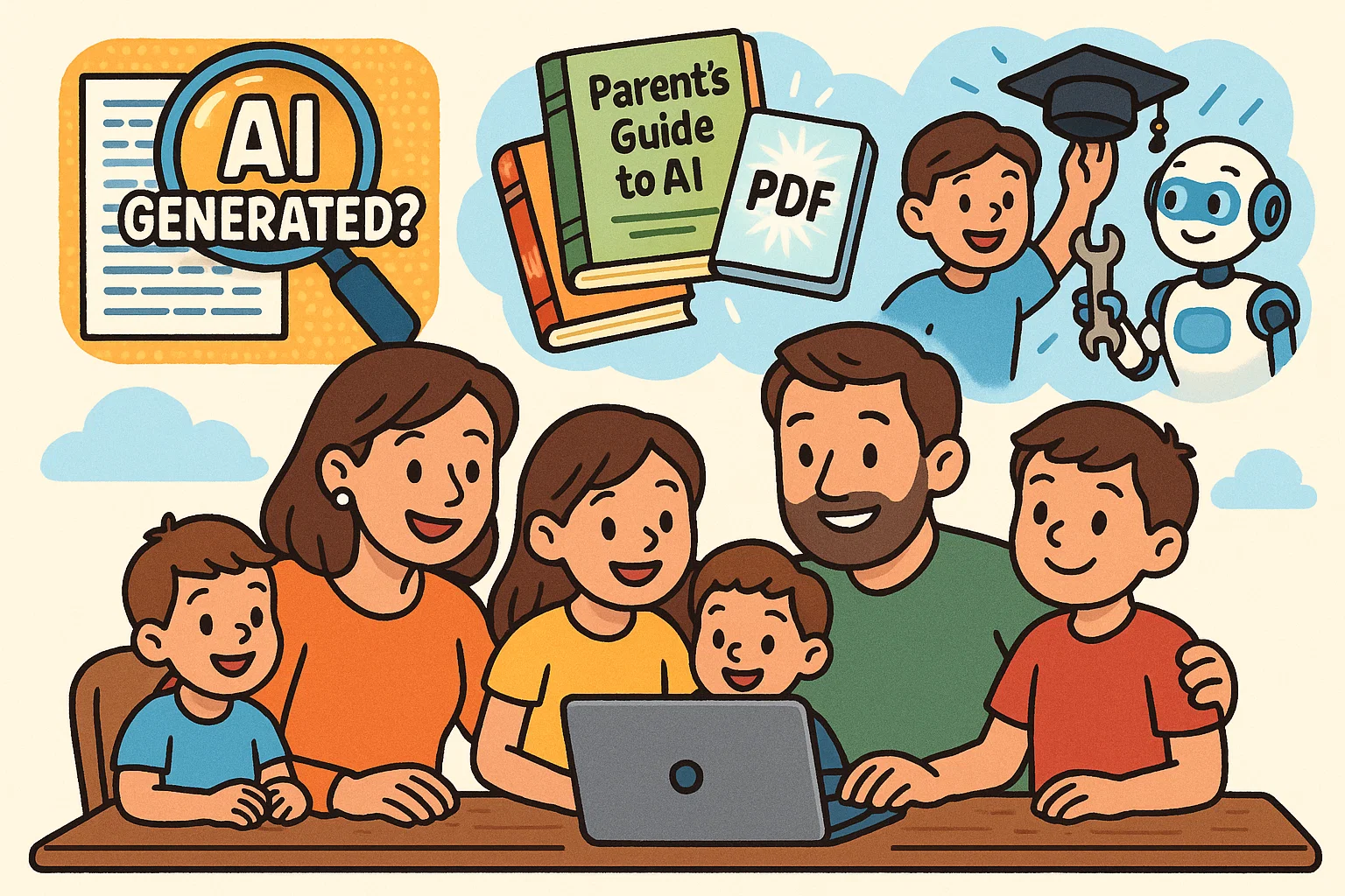 Parents and child exploring AI resources. Parents and child exploring AI resources.