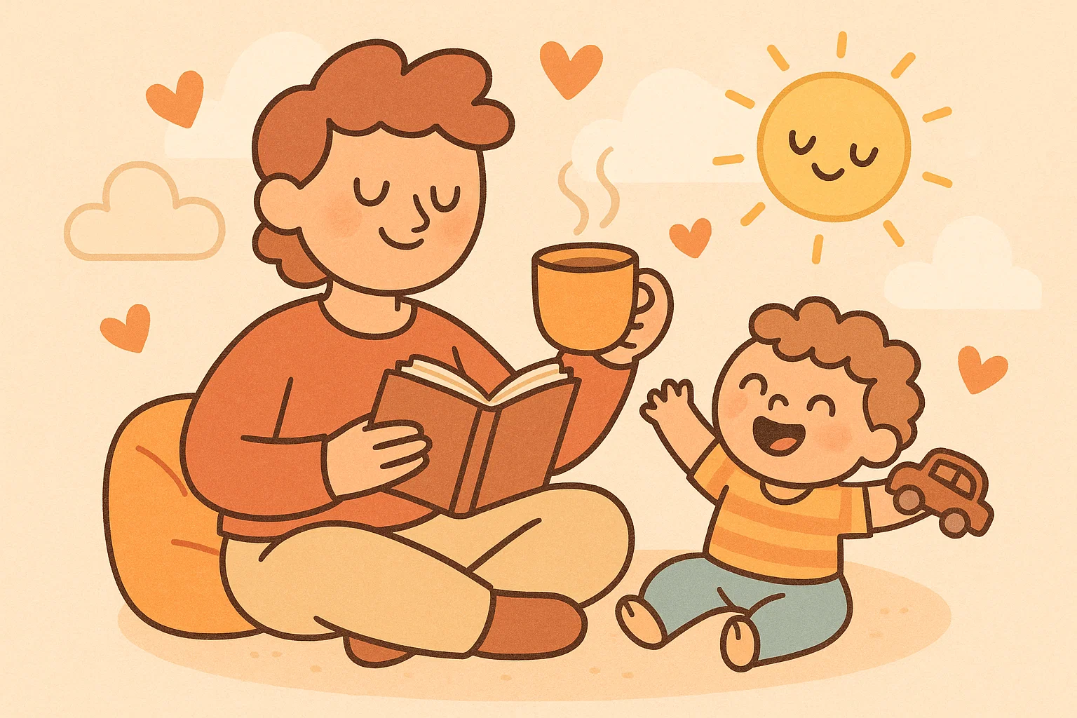 Cartoon parent self care with strong willed child playing and calm balanced parenting. Cartoon parent self care with strong willed child playing and calm balanced parenting.