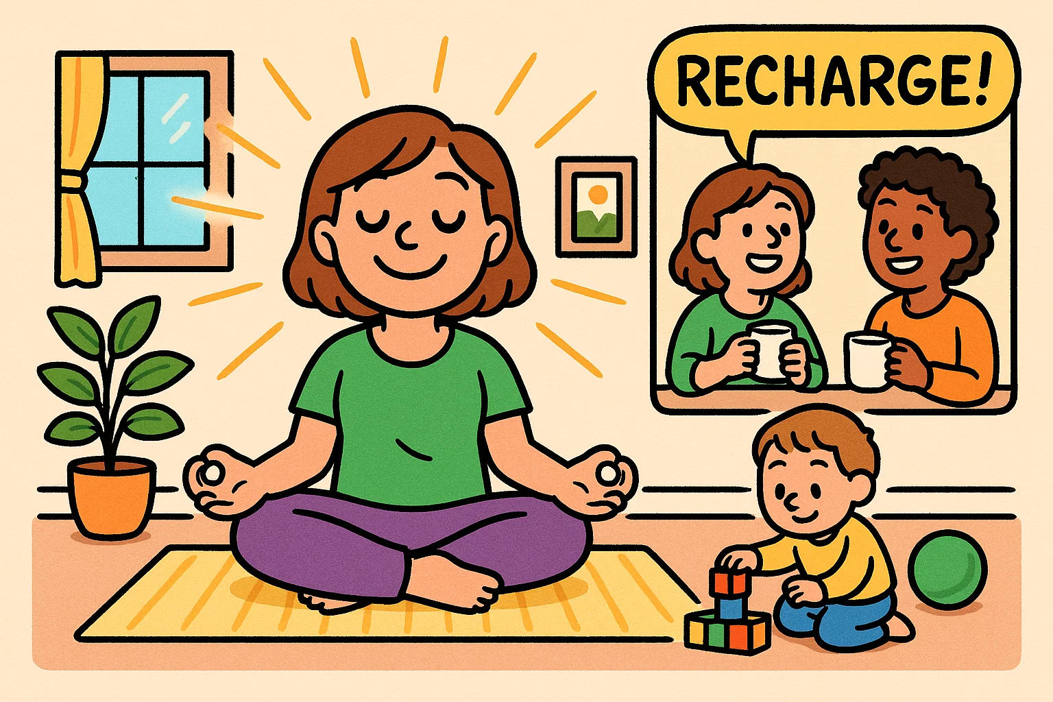 Cartoon parent looking after themselves while child plays peacefully.