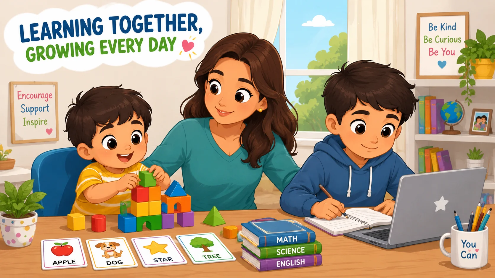 Parent supporting children with remote learning at home.