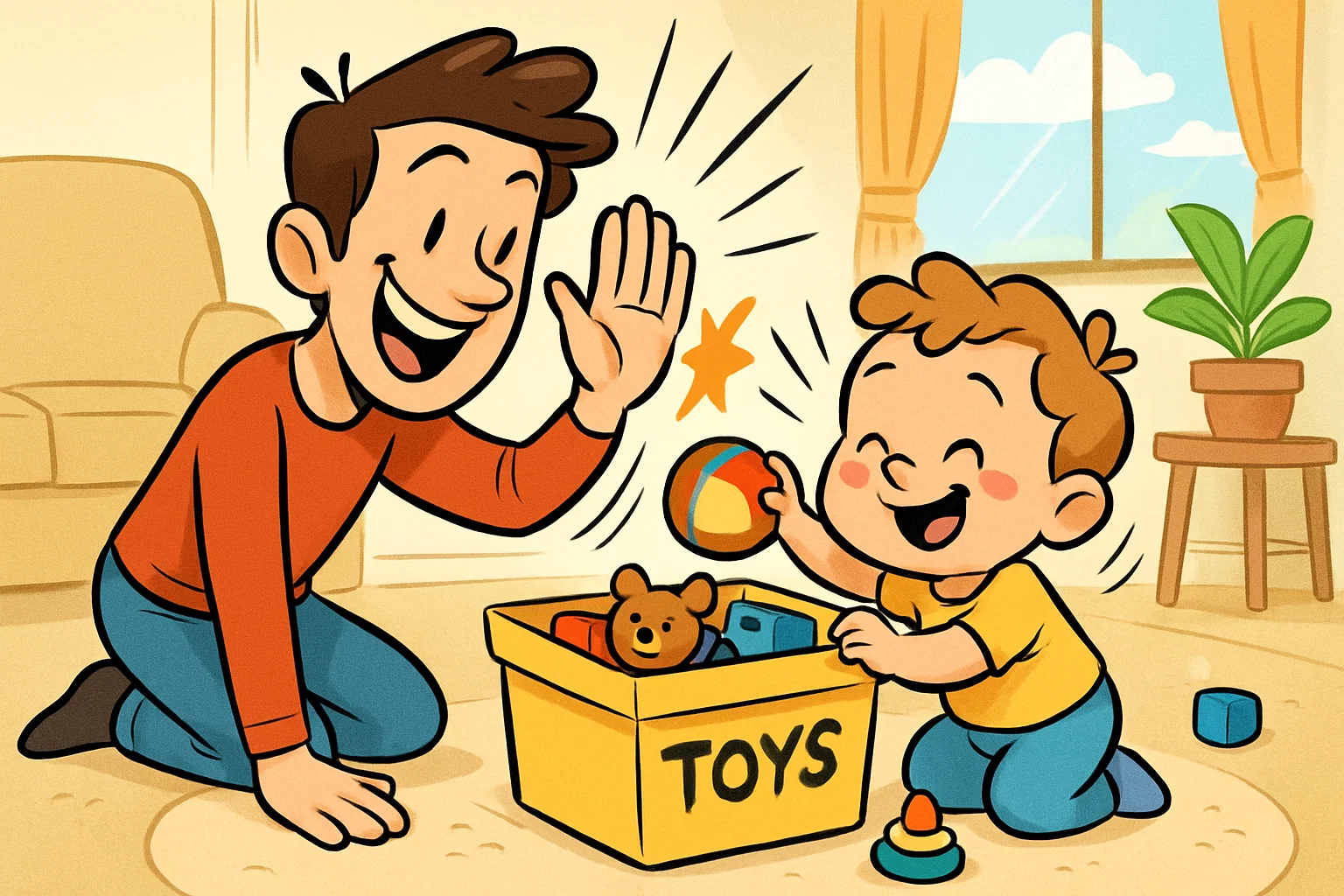 A cartoon illustration of a parent giving a high-five to a toddler who is tidying up toys. A cartoon illustration of a parent giving a high-five to a toddler who is tidying up toys.