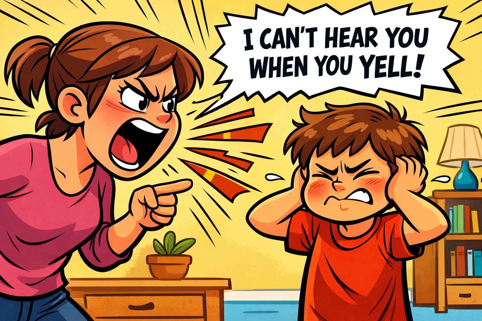 Parent yelling child covering ears during conflict at home.
