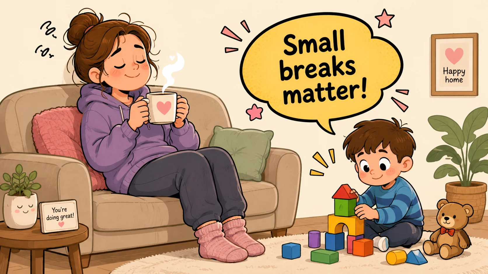 Parental burnout self care with small breaks for a tired parent. 
