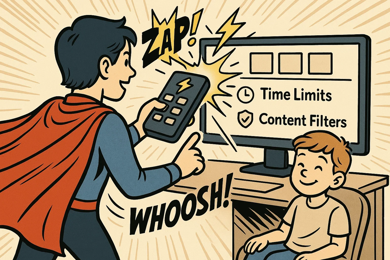 A cartoon of a parent as a superhero using a remote to set screen time limits and content filters for their child.