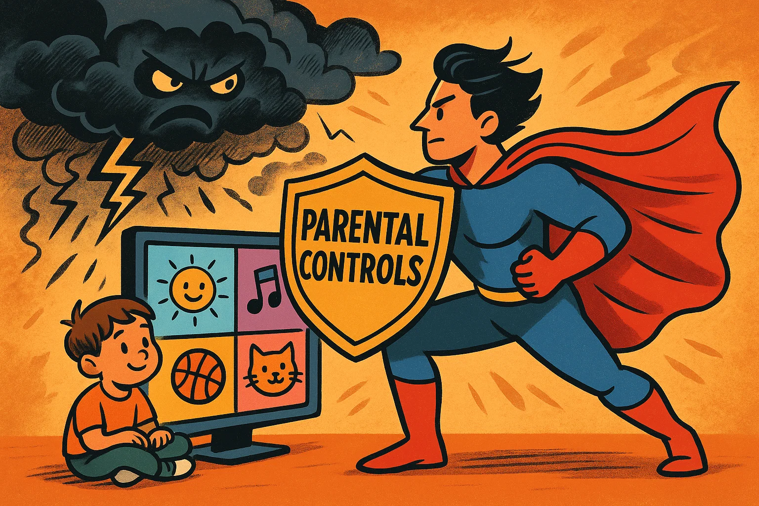 A cartoon of a parent as a superhero, using parental controls to protect their child from online dangers.