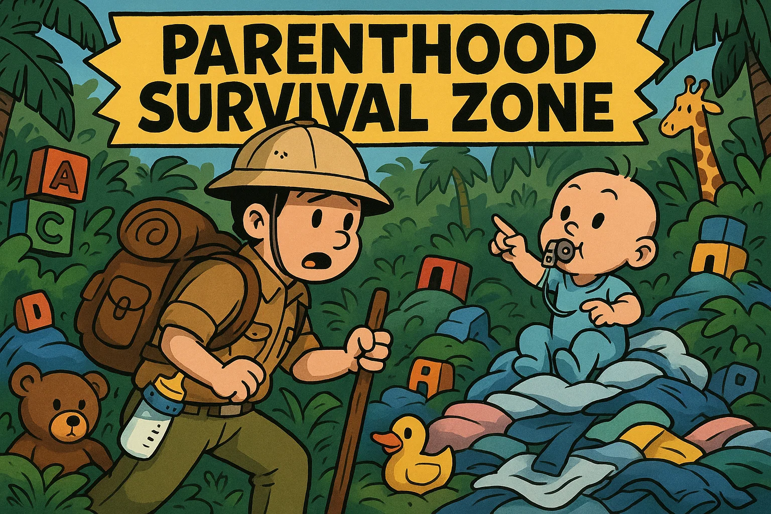 Cartoon parent explorer in jungle with baby and toys under parenthood survival zone sign.