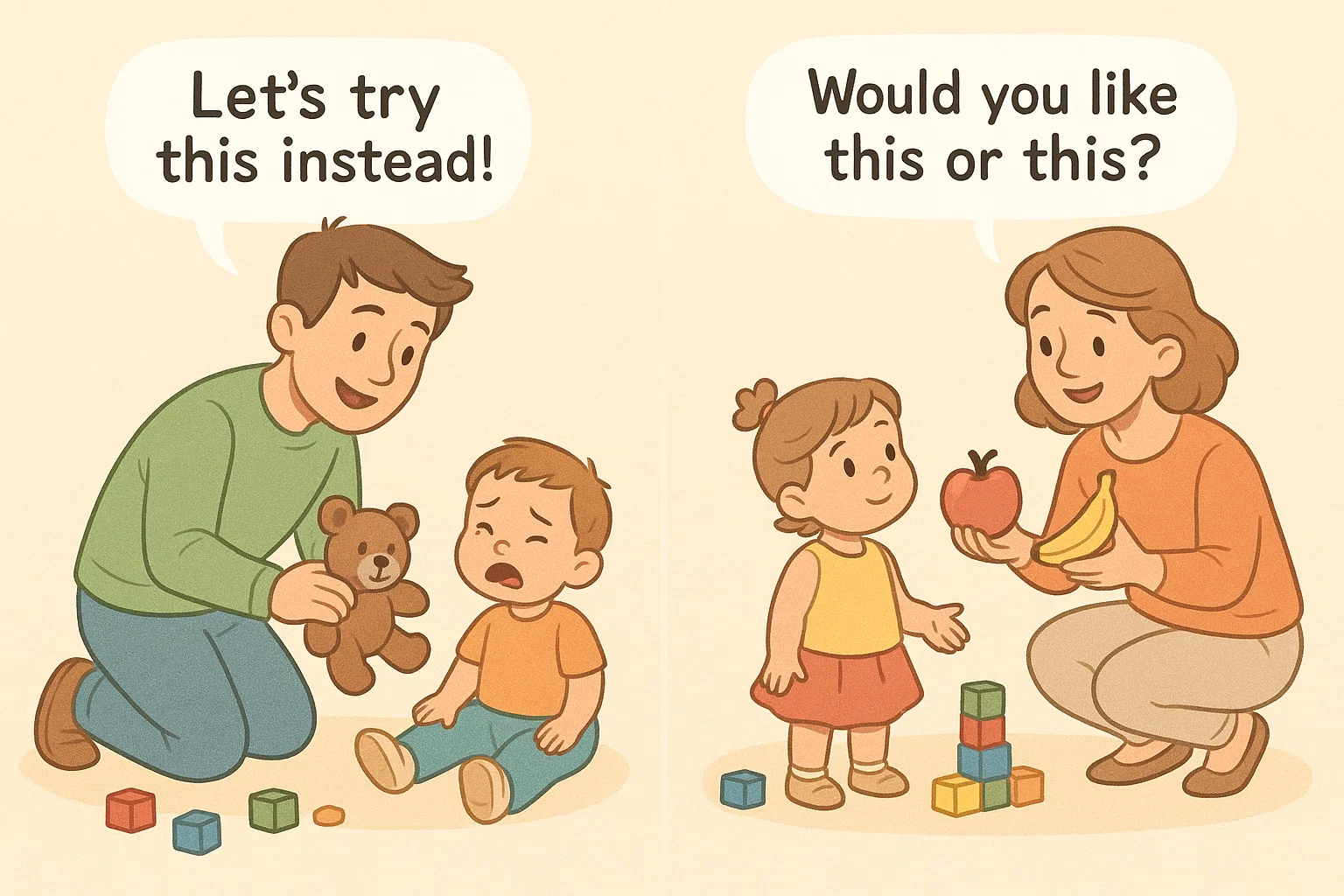 Father offers teddy bear to calm crying toddler; mother offers choice of apple or banana to little girl. Father offers teddy bear to calm crying toddler; mother offers choice of apple or banana to little girl.