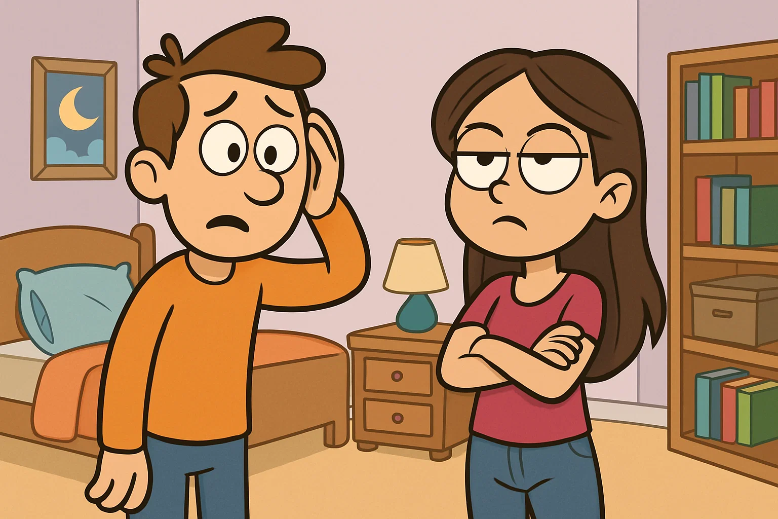 Cartoon parent and frustrated teen daughter facing communication difficulties.