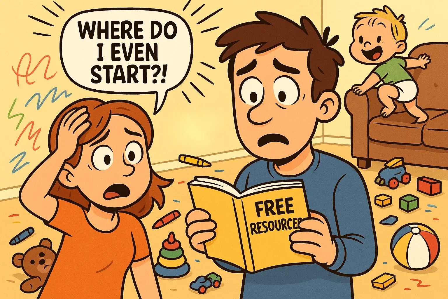 Cartoon scene of stressed parents in toddler chaos holding a free parenting guide Cartoon scene of stressed parents in toddler chaos holding a free parenting guide