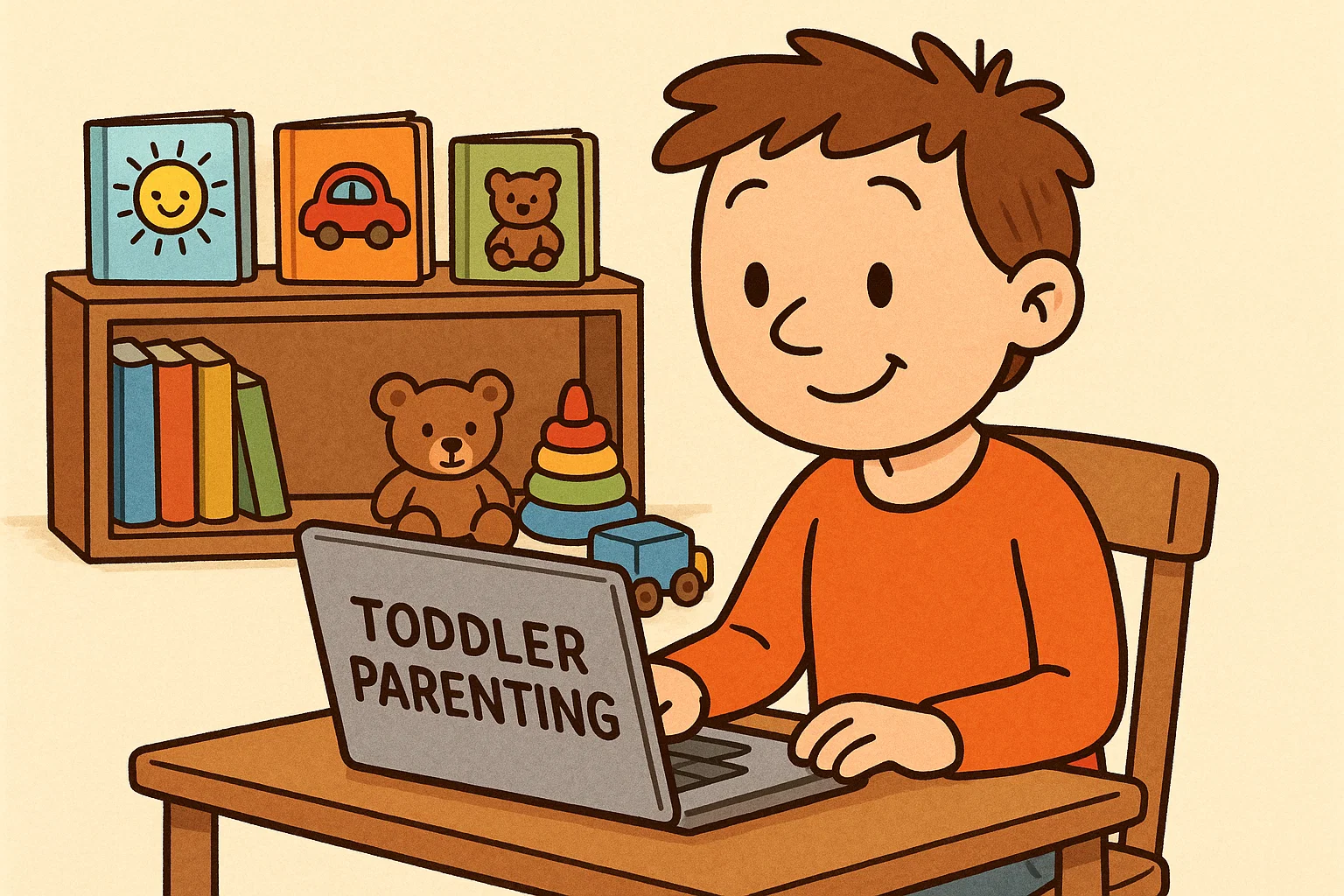 Cartoon parent taking online course on toddler parenting Cartoon parent taking online course on toddler parenting