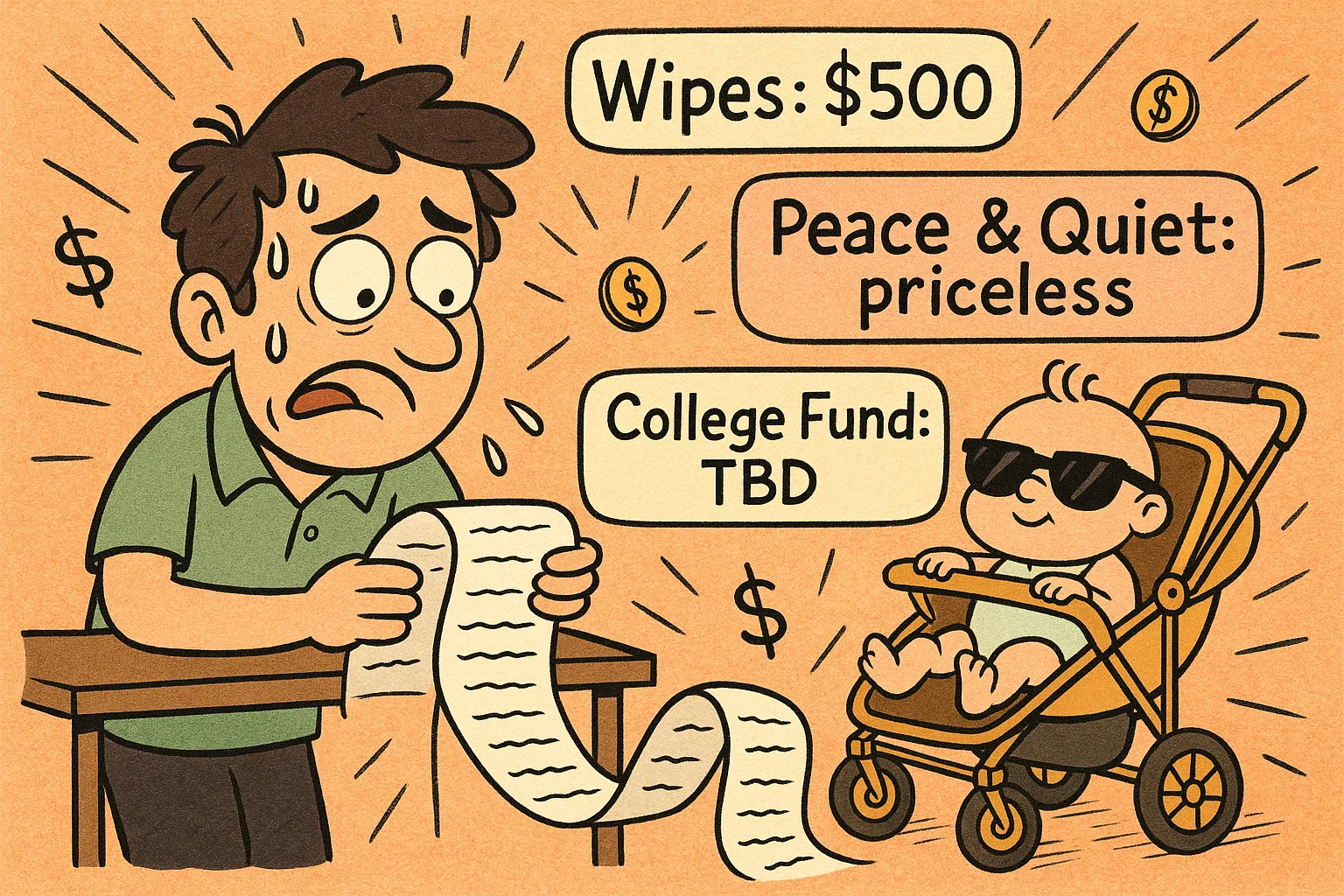 Dad stressed over parenting costs while baby relaxes, showing expenses and priceless moments.