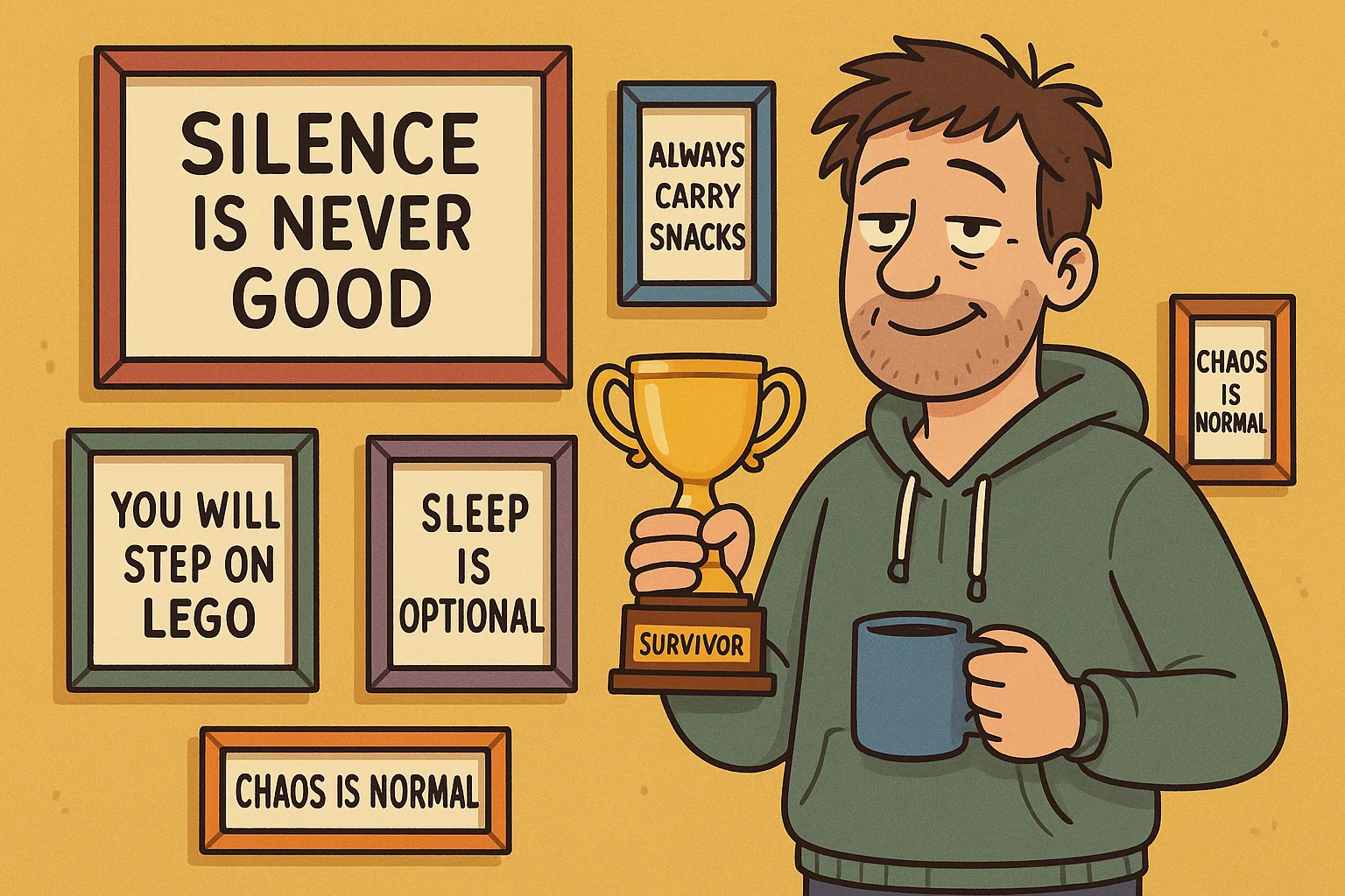 Sleep-deprived dad with coffee and trophy surrounded by funny parenting survival quotes.