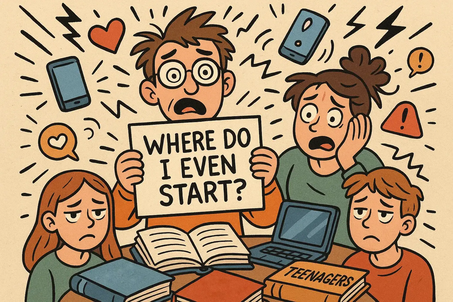 Cartoon of overwhelmed parents with confused teens and scattered parenting resources around them. Cartoon of overwhelmed parents with confused teens and scattered parenting resources around them.