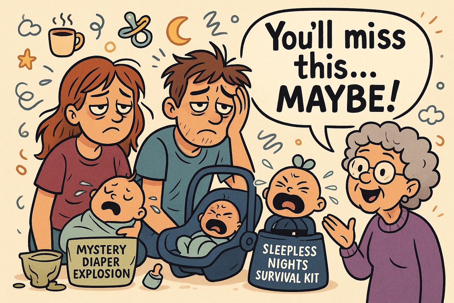 Tired parents with crying babies, diaper mess, and grandma making a humorous parenting comment.