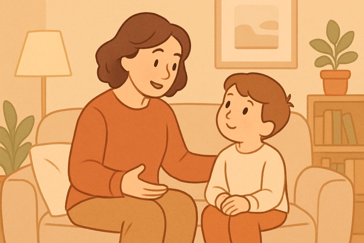 A cartoon of a parent and child talking calmly, representing a supportive parenting strategy for a child with OCD. A cartoon of a parent and child talking calmly, representing a supportive parenting strategy for a child with OCD.