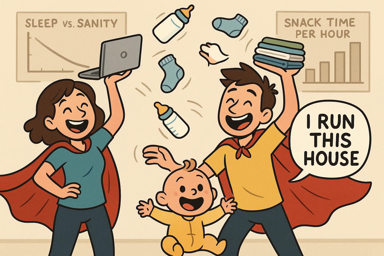 Parents in capes juggling parenting tasks