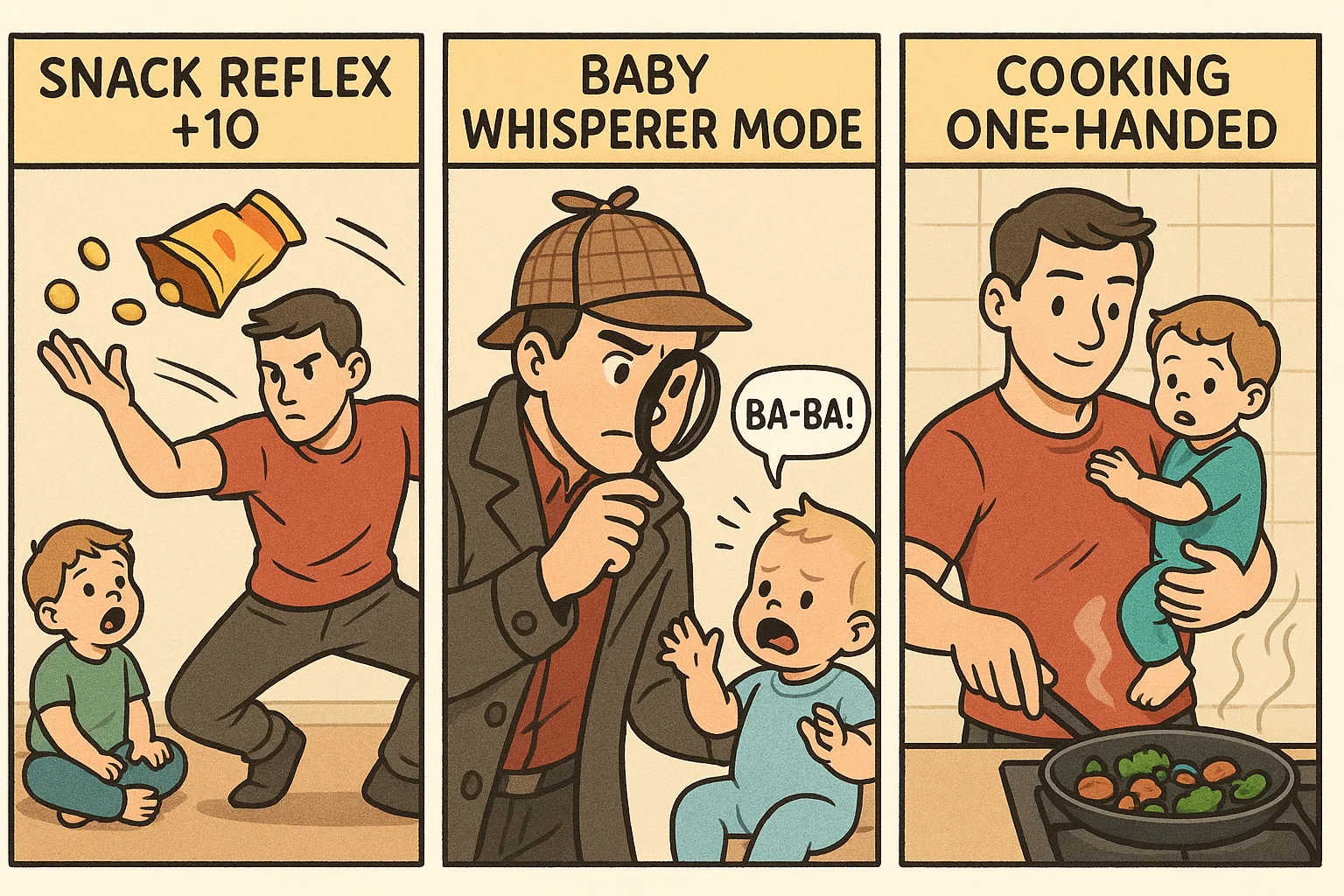 Dad using parenting superpowers: snack catching, baby interpreting, and cooking with one hand.