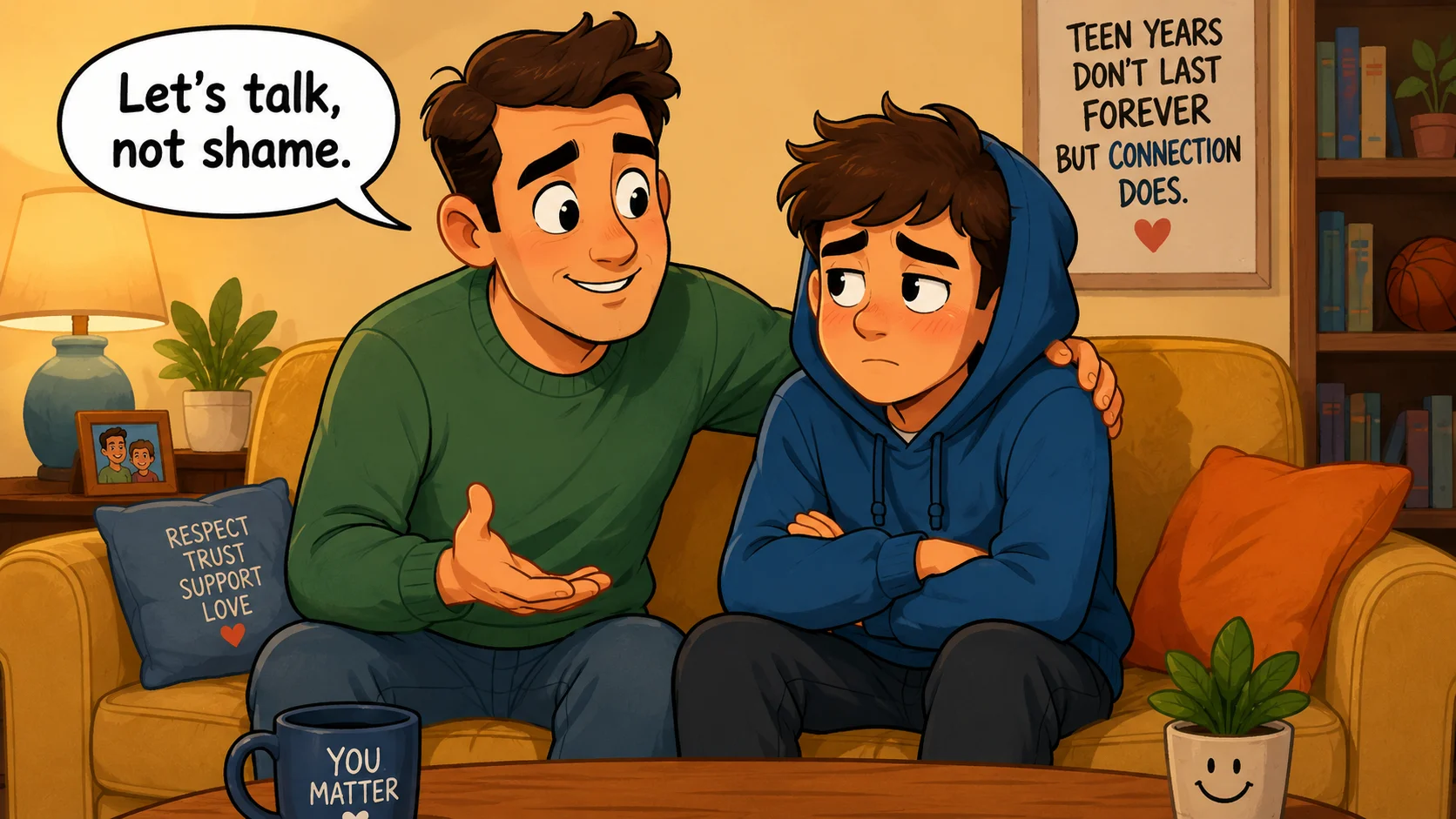 Parenting tips for 13 year old boy during calm no shame talk at home. 
