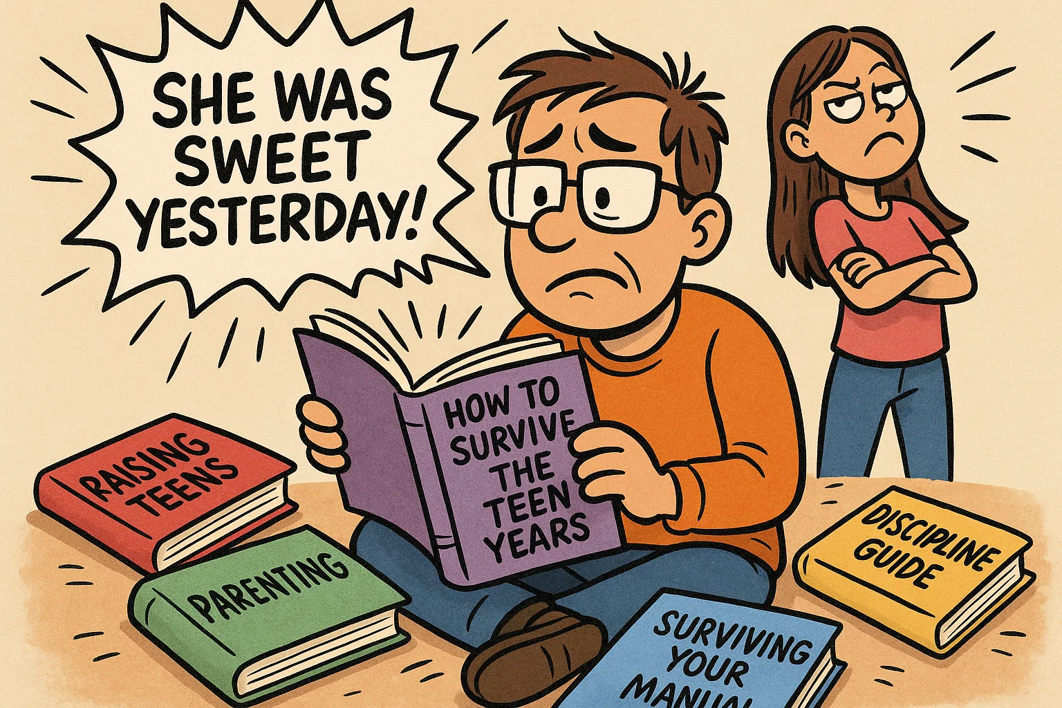 Cartoon parent overwhelmed by teen daughter’s behavior, holding a survival manual with comic-style humor.