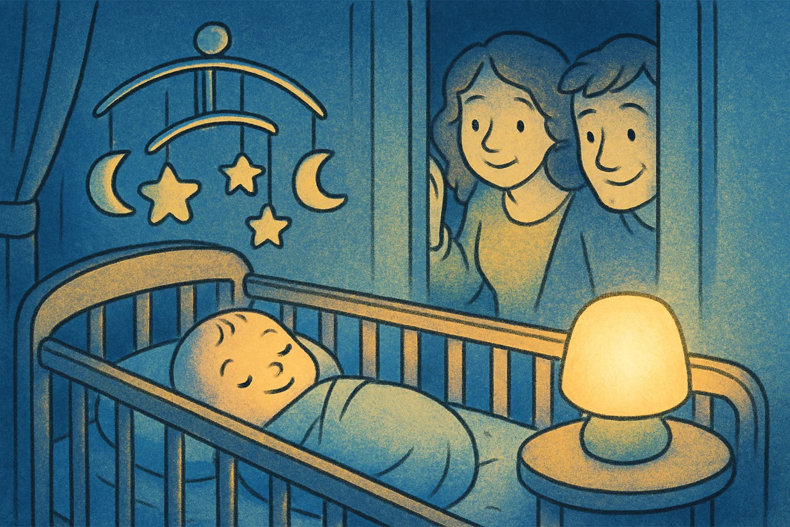 Parents checking on sleeping baby in crib under gentle night light.

