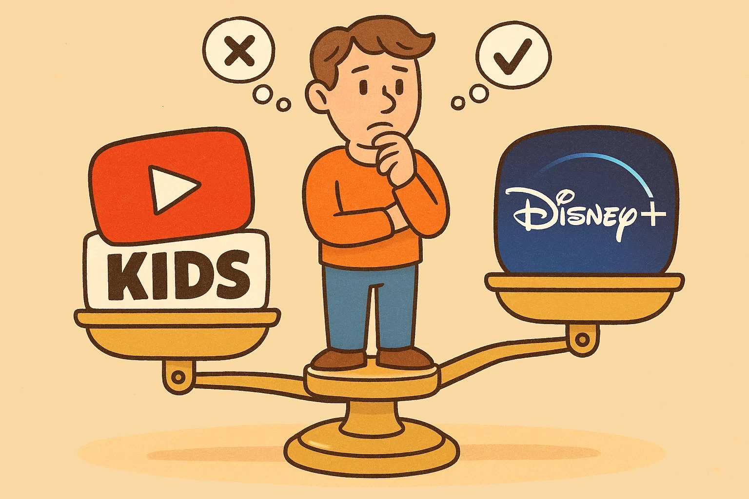 A cartoon of a parent standing on a scale, thoughtfully weighing the pros and cons of YouTube Kids and Disney+.