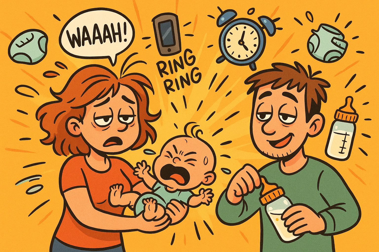  Parents handling crying baby while father prepares bottle amid scattered diapers and ringing phone. 
