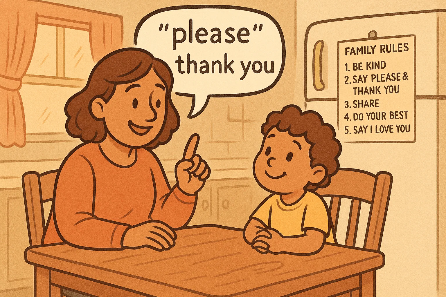 Cartoon parent supporting child at home to stop swearing and use kind words. Cartoon parent supporting child at home to stop swearing and use kind words.