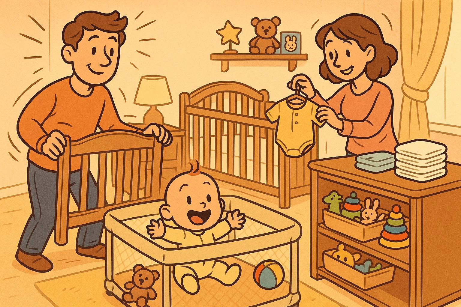Parents setting up nursery with crib and playpen while baby plays happily.