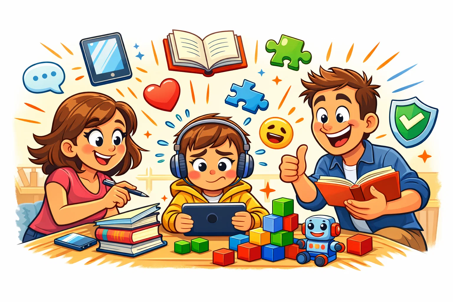 Parents supporting Gen Alpha child with screen time, creative play, and emotional balance.