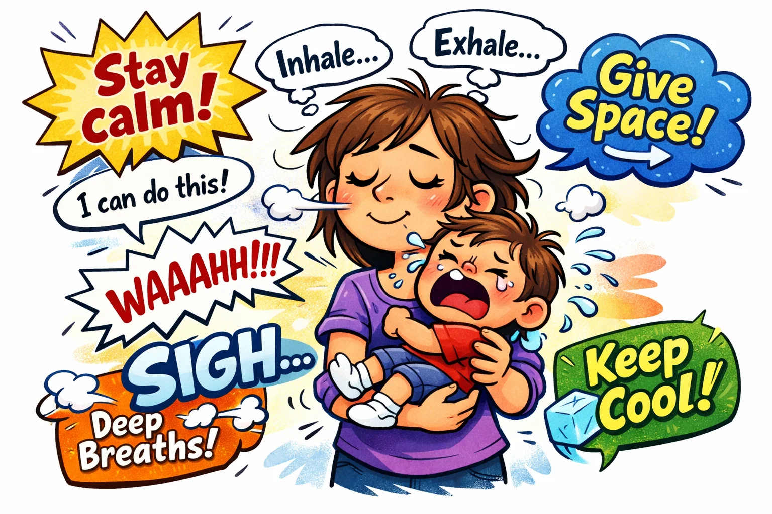 Cartoon image showing parenting tips for coping with a crying child, focusing on staying calm.
