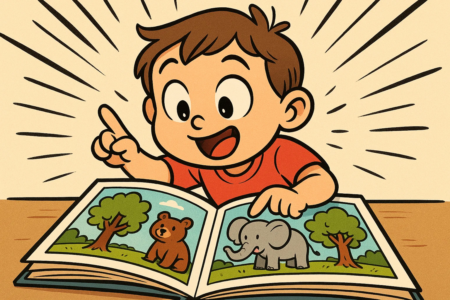 Cartoon child doing a picture walk before reading storybook.
