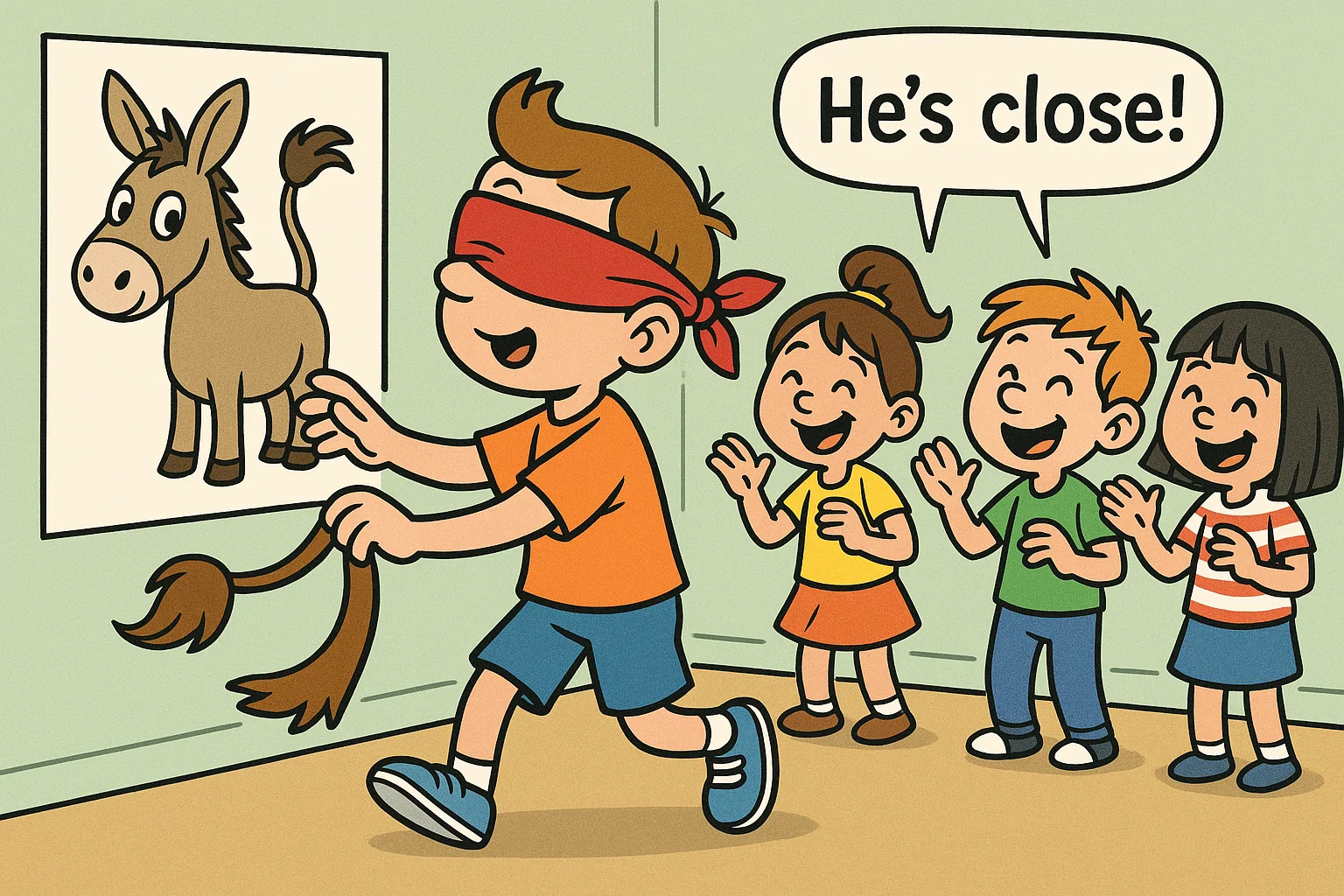 Blindfolded child playing Pin the Tail birthday game with friends.