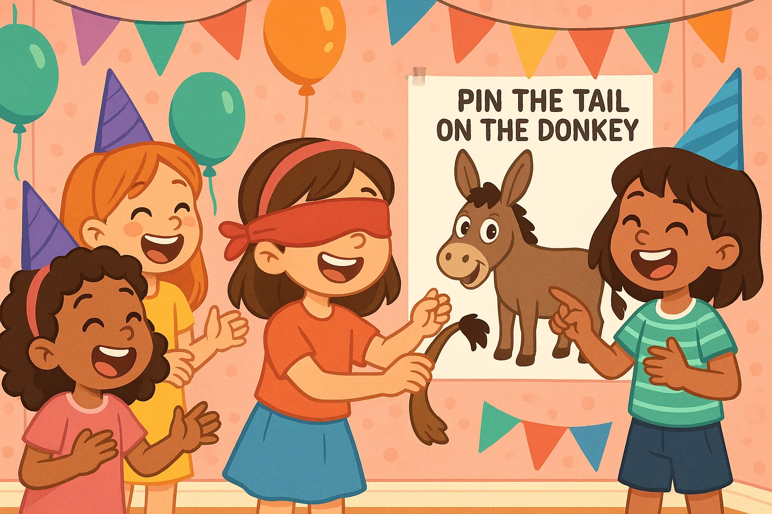 A cartoon illustration of girls playing "Pin the Tail on the Donkey" at a birthday party. A cartoon illustration of girls playing "Pin the Tail on the Donkey" at a birthday party.