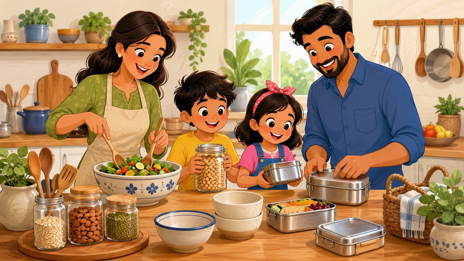 Plastic free kitchenware family home with reusable jars and lunchboxes. 