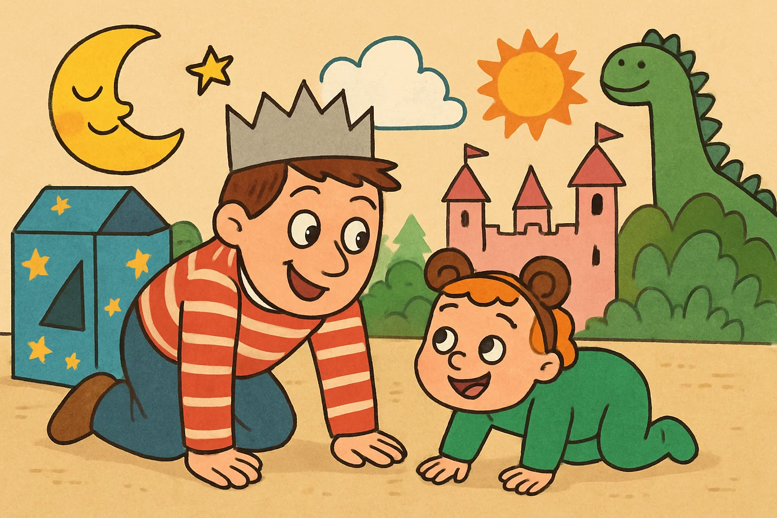 Cartoon parent and toddler engaging in pretend play