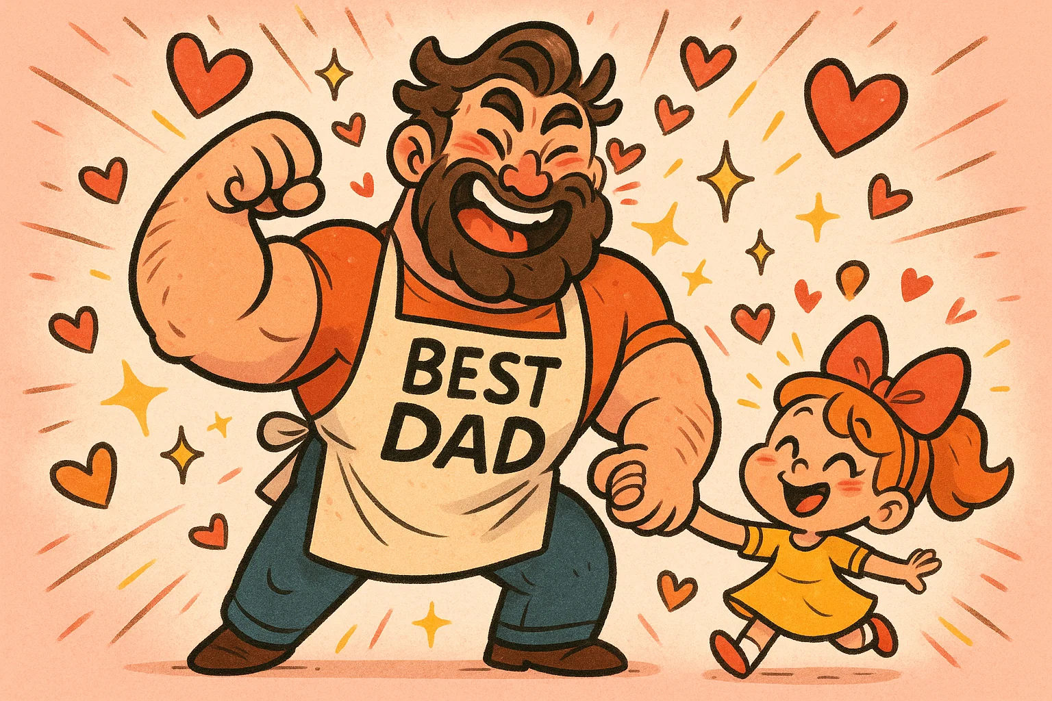 A playful cartoon of a muscular dad and his tiny daughter holding hands amidst hearts and stars.