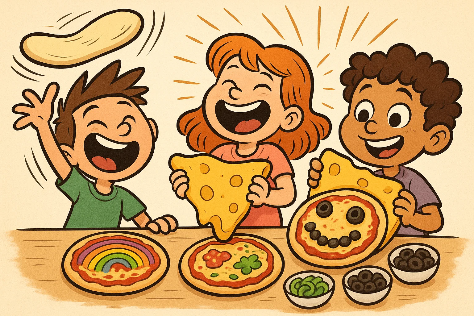 Preschoolers making playful pizza creations with fun toppings and bright colors.