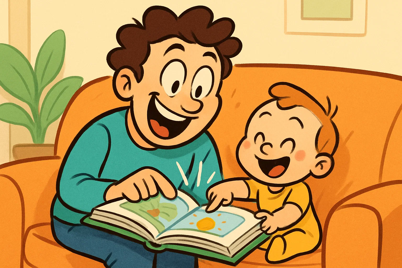A playful cartoon of a parent and toddler happily reading a book together, with exaggerated expressions of joy.